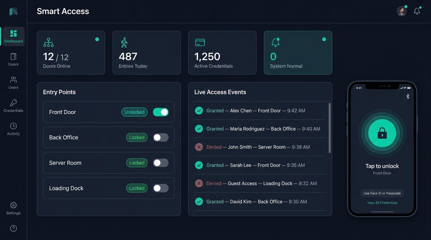 The Smart Access dashboard: door status, live access events, and a mobile unlock credential