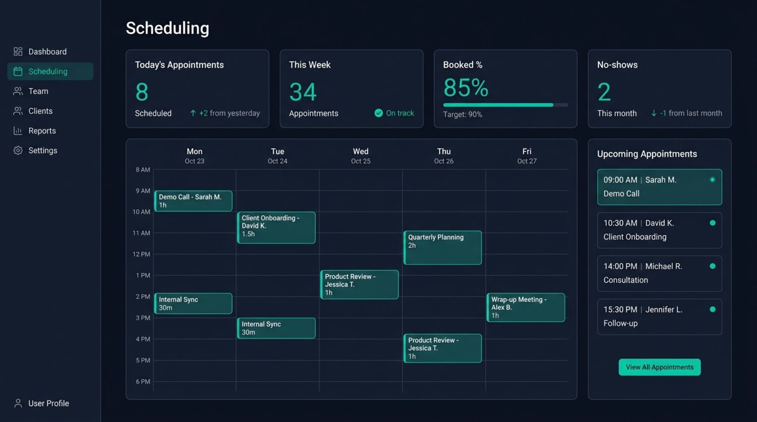 The Scheduling dashboard: a weekly calendar of appointments and the day ahead
