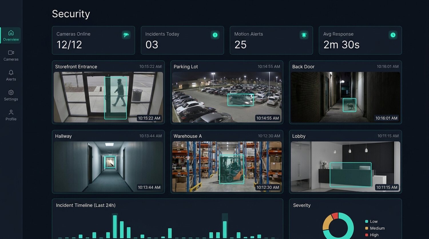 The Security & Monitoring dashboard: live camera feeds with motion alerts and an incident timeline