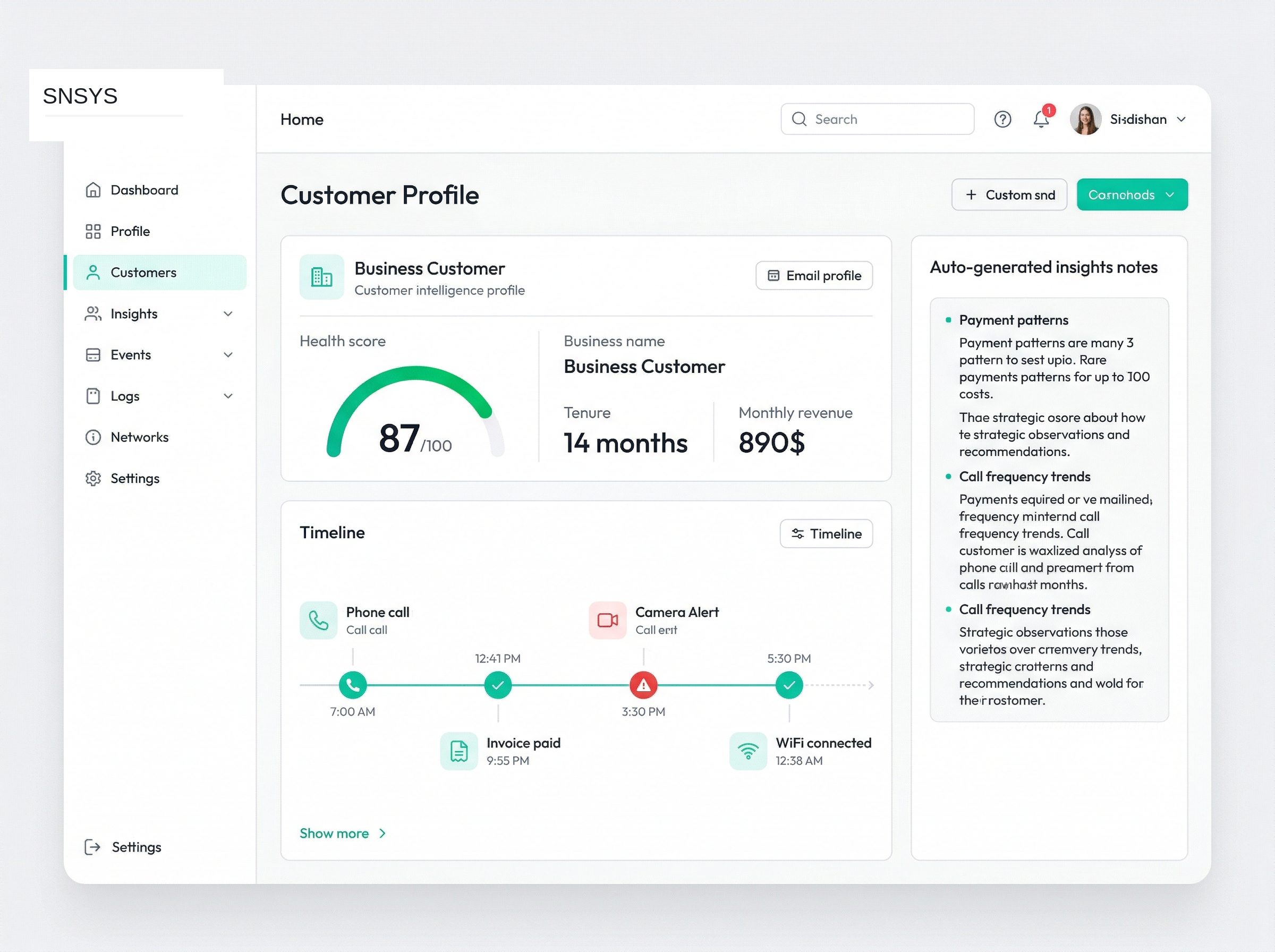 Customer intelligence profile showing health score, activity timeline, and AI-generated insights