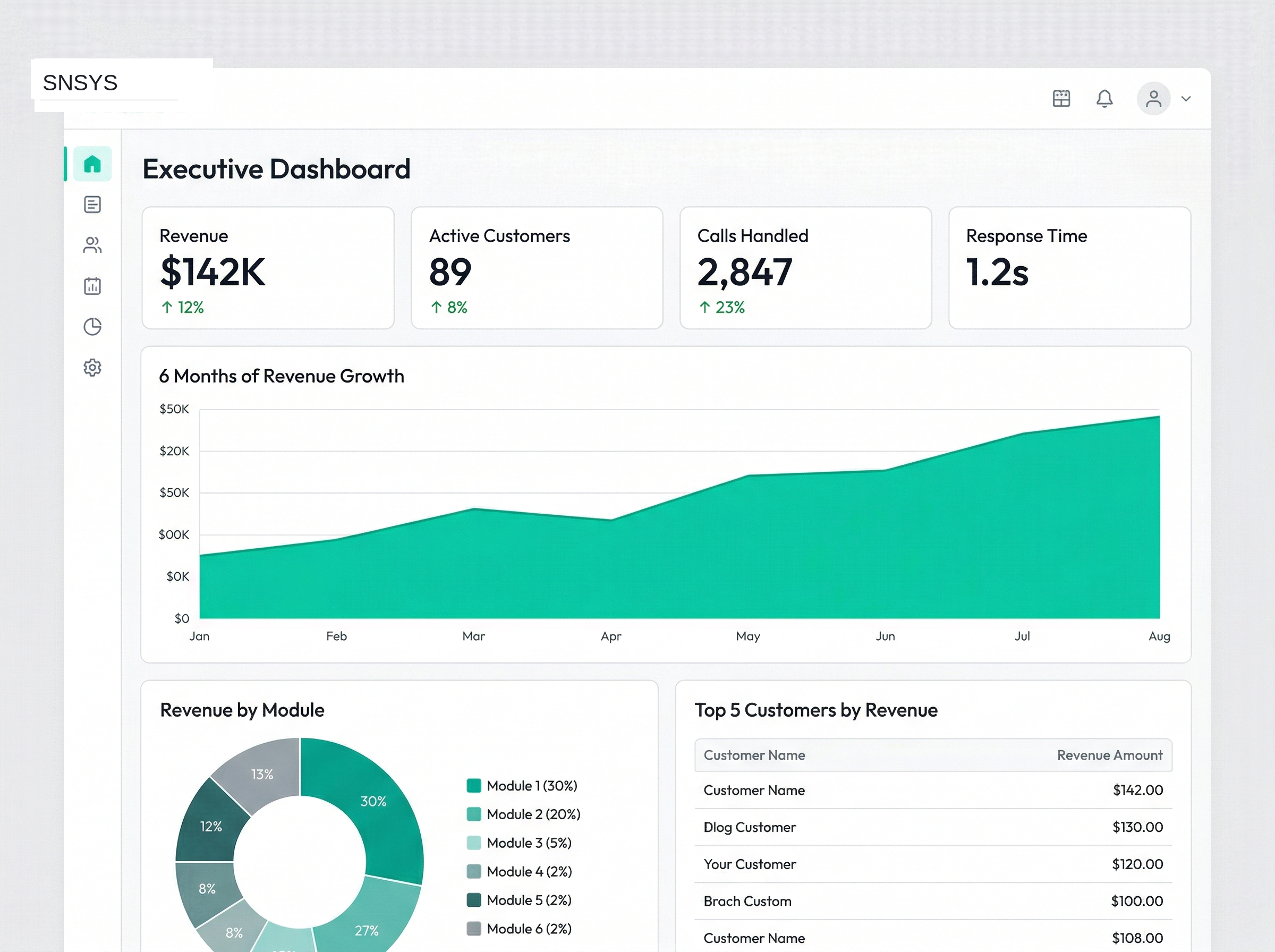 Executive analytics dashboard showing revenue, customer growth, and module performance