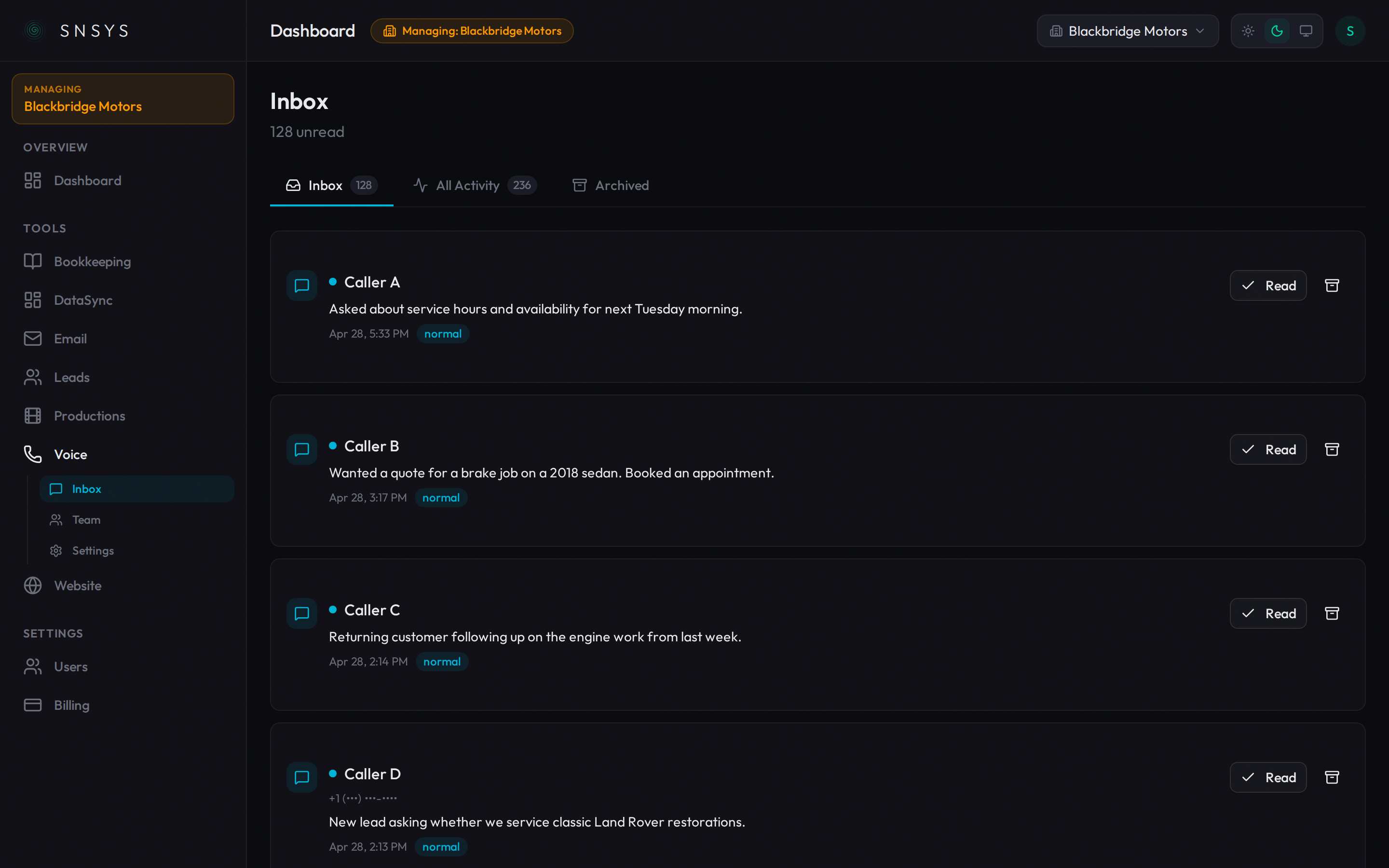 Voice inbox showing summarized incoming calls
