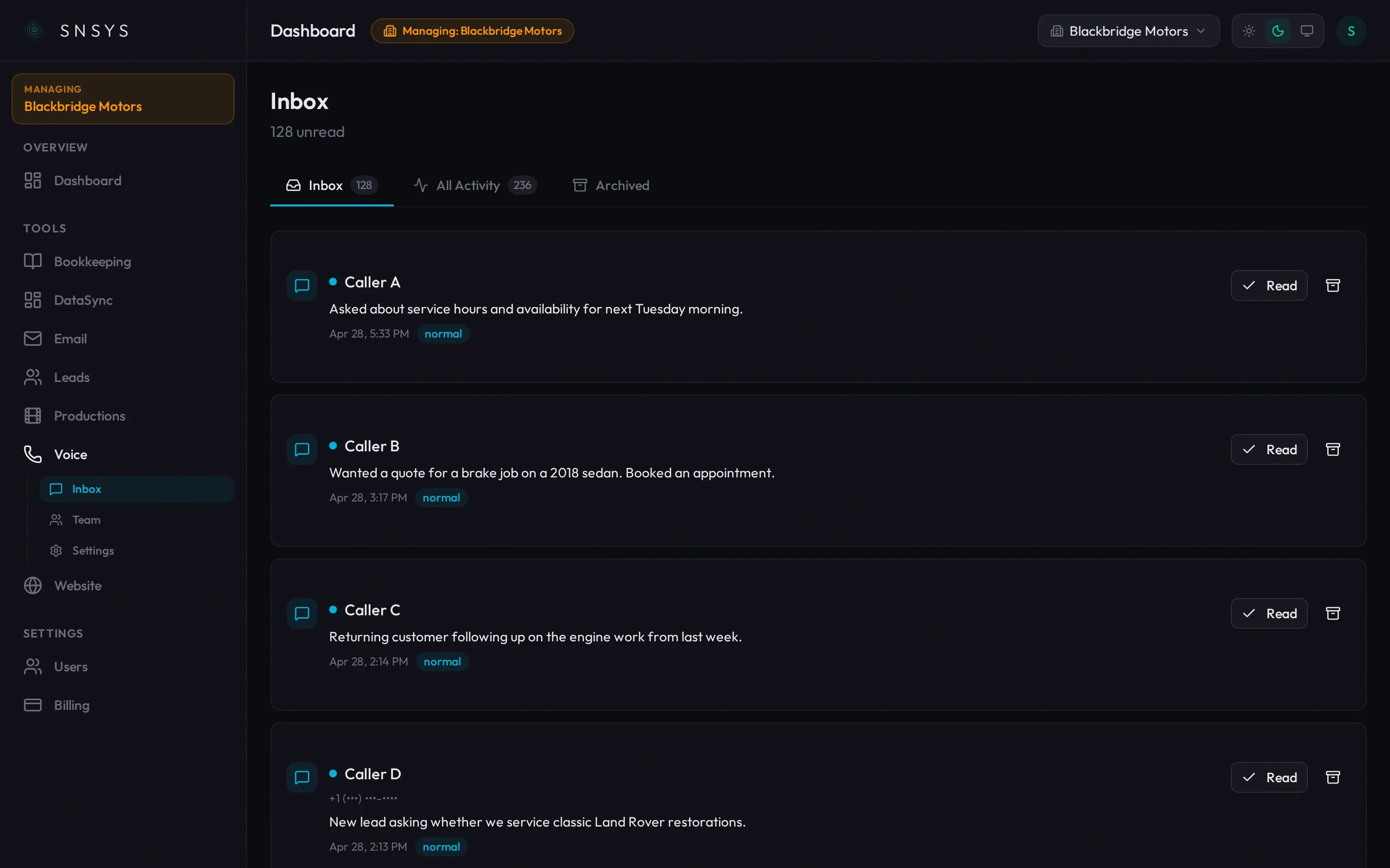 Voice inbox showing summarized incoming calls