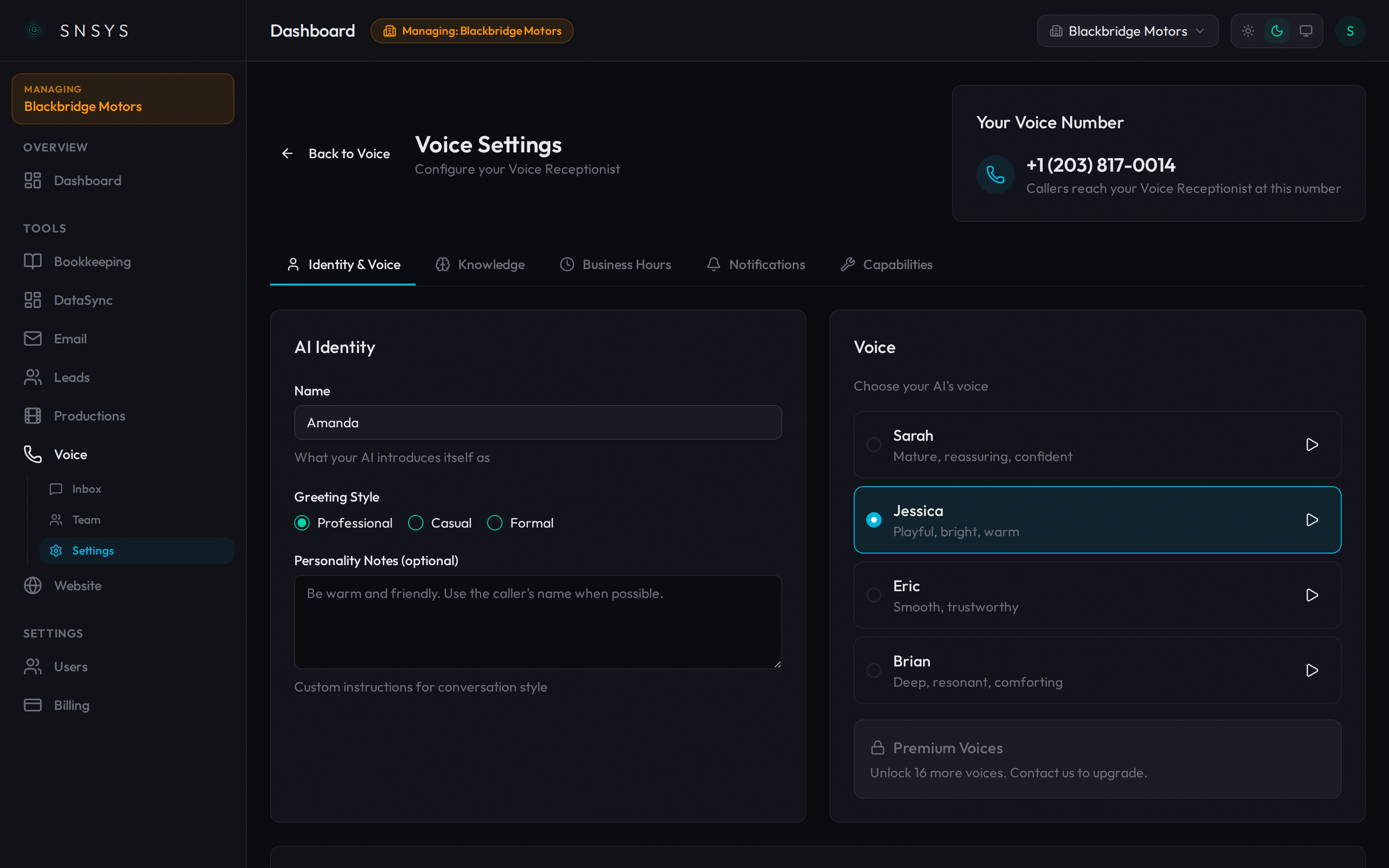 Voice settings showing identity and voice configuration