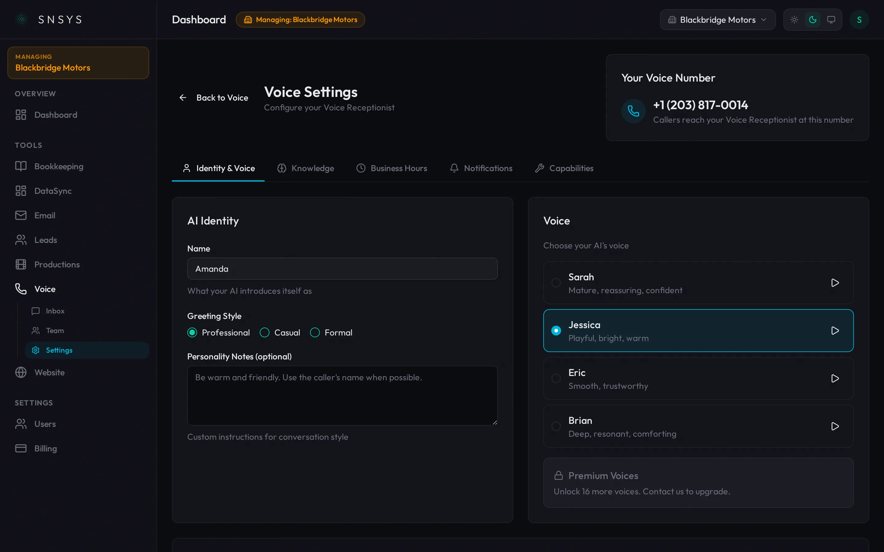 Voice settings showing identity and voice configuration